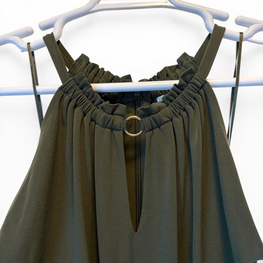 Michael Kors Olive Green Halter Neck Maxi Dress Women's XL Keyhole Ring Belted